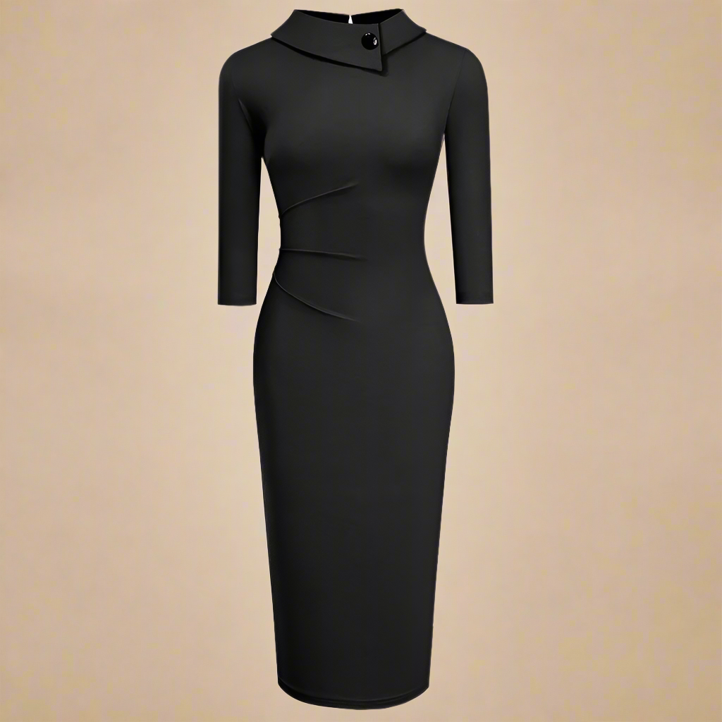 Elegant black midi dress with asymmetrical buttoned collar and fitted silhouette, versatile for office to evening wear