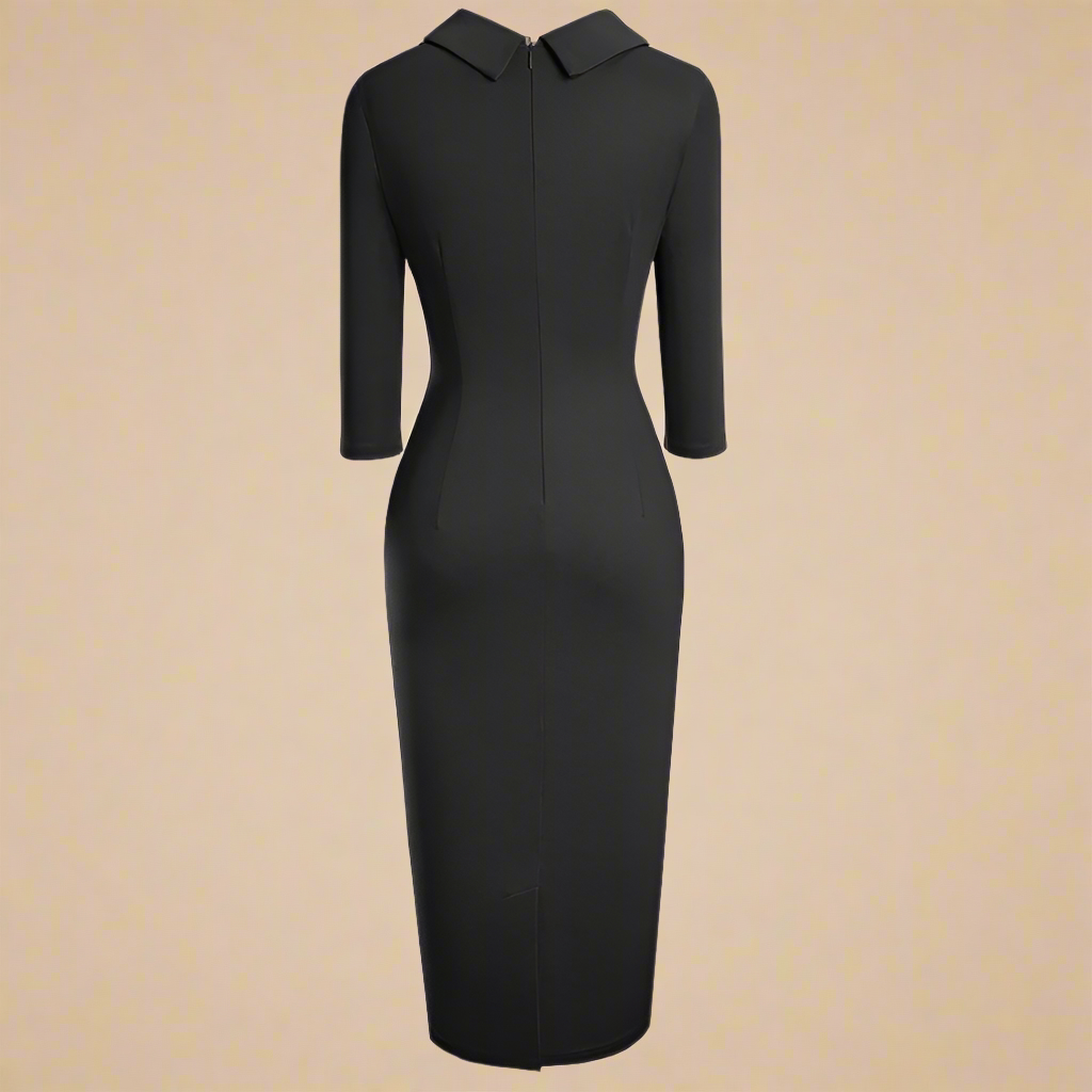 Elegant black midi dress with asymmetrical buttoned collar and fitted silhouette, versatile for office to evening wear backview