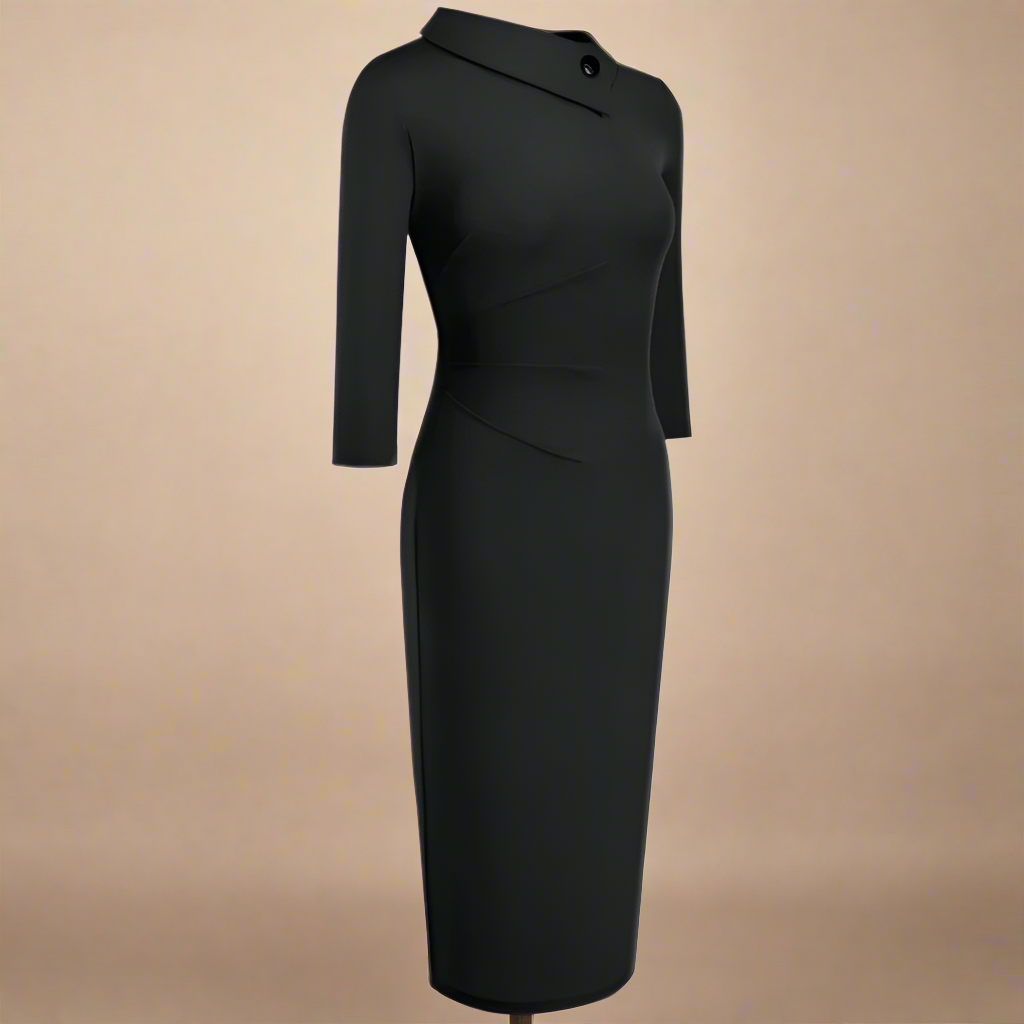 Elegant black midi dress with asymmetrical buttoned collar and fitted silhouette, versatile for office to evening wear. Sideview