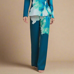 Beautiful teal suit with watercolor floral print that can be styled for the office or business event or night out