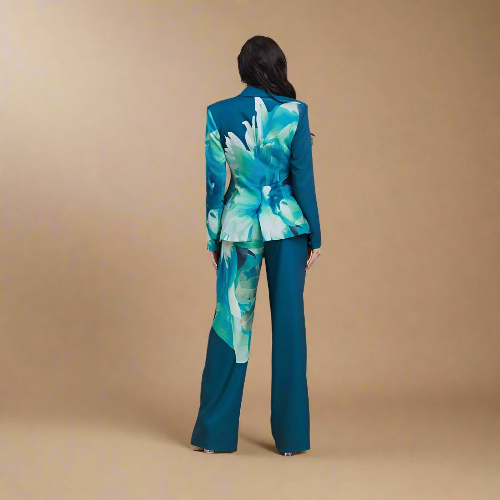 Beautiful teal suit with watercolor floral print that can be styled for the office or business event or night out