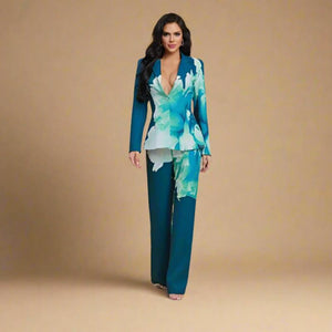 Beautiful teal suit with watercolor floral print that can be styled for the office or business event or night out