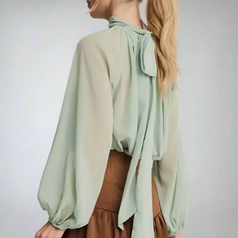 Soft, flowing Georgette fabric and delicate pleating with high neckline adds a touch of classic romance, while the billowy sleeves brings a little drama with subtle volume and texture