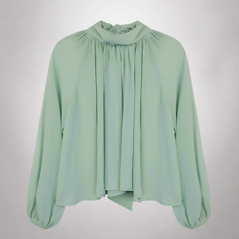 Soft, flowing Georgette fabric and delicate pleating with high neckline adds a touch of classic romance, while the billowy sleeves brings a little drama with subtle volume and texture
