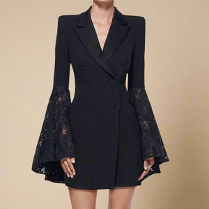 Showstopping blazer dress that will make a bold statement with its tailored fit and loose lace bell sleeves