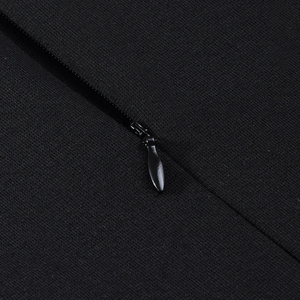 Elegant black midi dress with asymmetrical buttoned collar and fitted silhouette, versatile for office to evening wear. Closeup zipper. 
