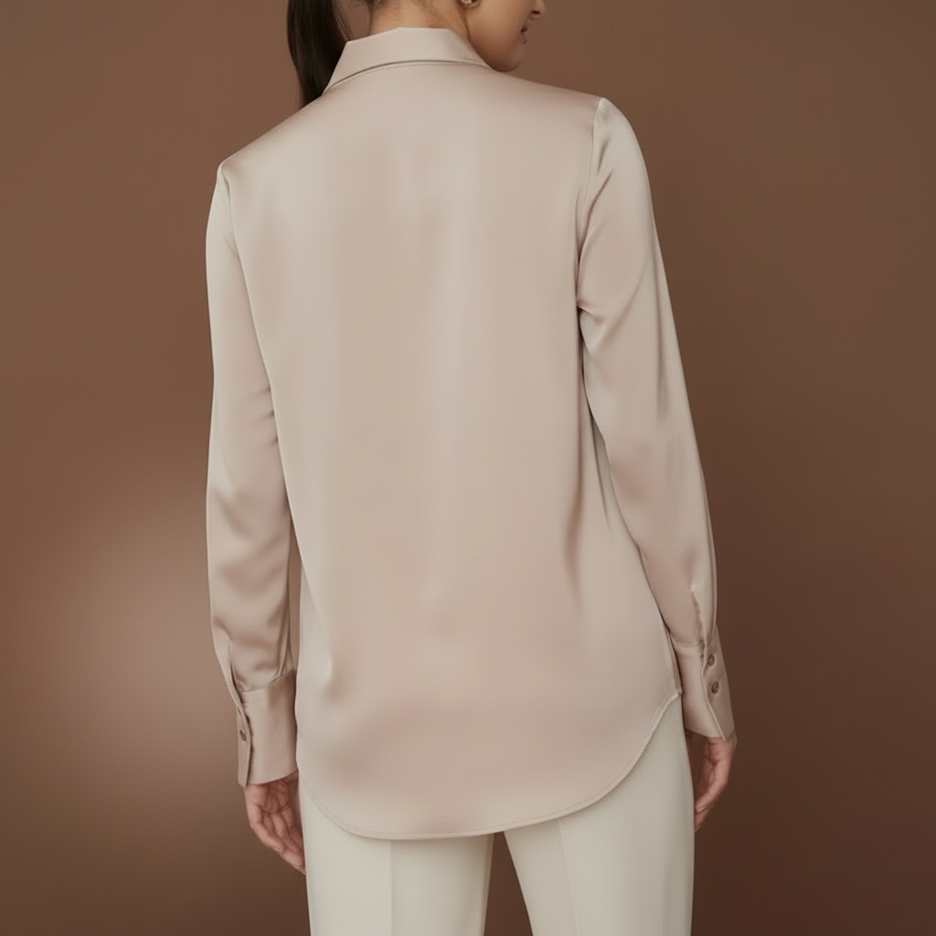 Woman wearing a champagne beige blouse and white pants 