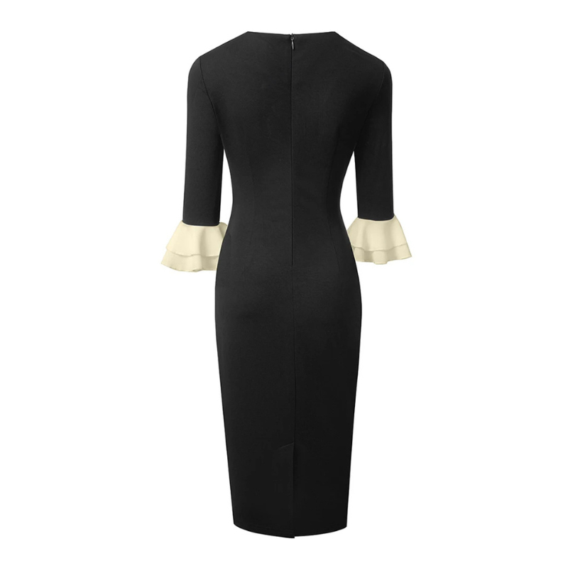 Elegant black office sheath dress with cream bow tie at the neck and matching flared sleeve cuffs, fitted silhouette for work or evening wear.
