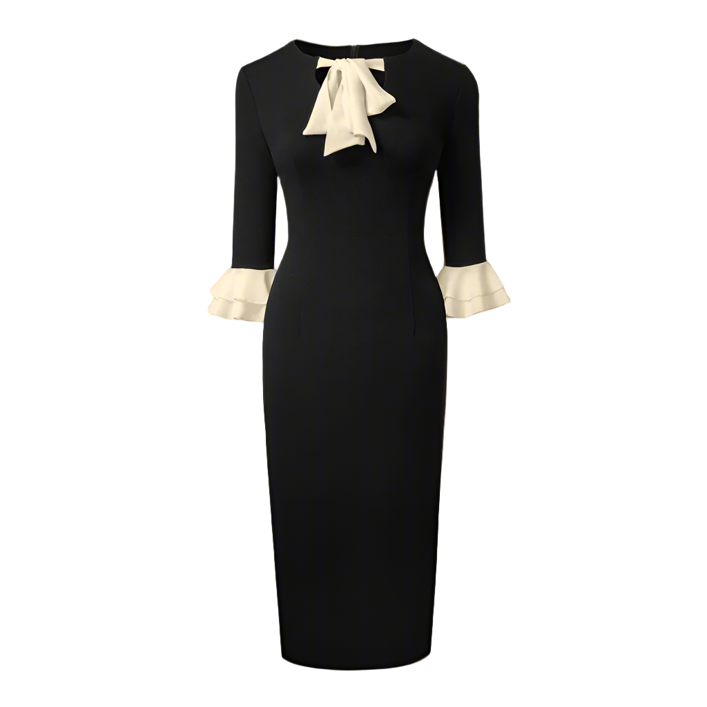 Elegant black office sheath dress with cream bow tie at the neck and matching flared sleeve cuffs, fitted silhouette for work or evening wear.