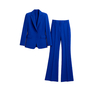 Bright cobalt royal  blue women’s pantsuit with structured blazer and flared trousers, tailored for a bold professional look.