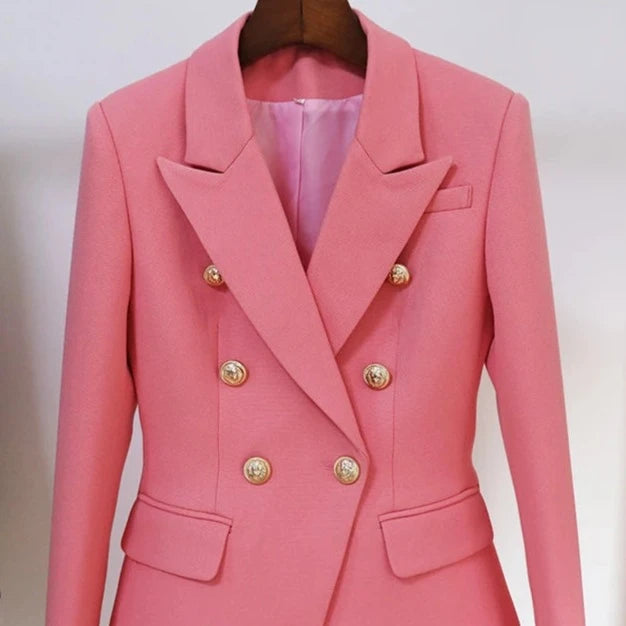 Double breasted rose blush blazer with collar and notched shoulder pads