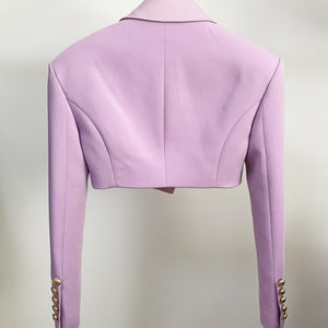 Luxury Cropped blazer in lilac lavender purple and white with gold button detail, padded shoulders and exaggerated notched lapel
