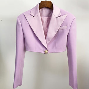 Luxury Cropped blazer in lilac lavender purple and white with gold button detail, padded shoulders and exaggerated notched lapel