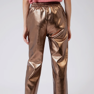 Bronze Metallic Suit Pants with elastic waistband in the back and button closure in the front. Style with its matching blazer for the holidays or any special event