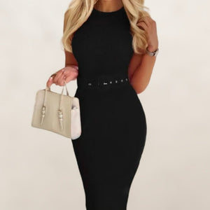 black bandage dress appropriate for the office, or business event, and evening dinner or date night. Flattering, shaping and comfortable to wear all day or night. Sleveless and belted to accentuate the waistline.