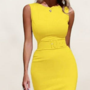 yellow bandage dress appropriate for the office, or business event, and evening dinner or date night. Flattering, shaping and comfortable to wear all day or night. Sleveless and belted to accentuate the waistline.