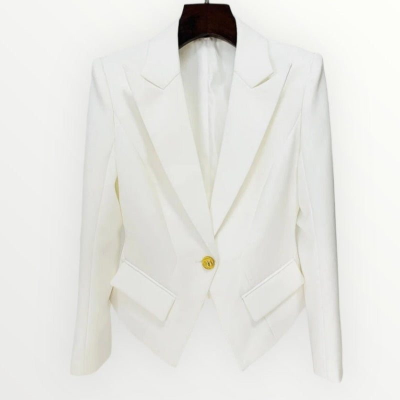 Padded Shoulder structured blazer in pink, white, and black with gold button details.