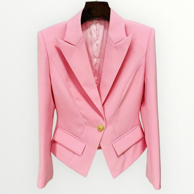 Padded Shoulder structured blazer in pink, white, and black with gold button details.