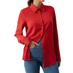 women's red office button up shirt