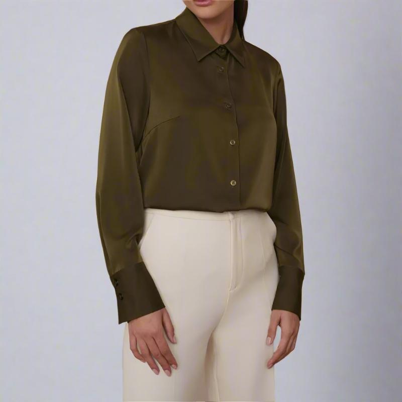 women's olive green office button up shirt. Soft satin thick material with flattering cut.