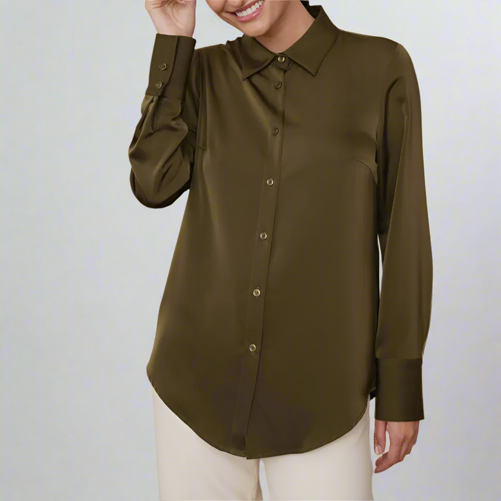 women's olive green office button up shirt. Soft satin thick material with flattering cut.