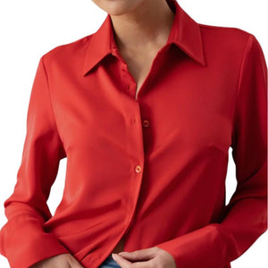 women's red office button up shirt