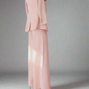 BLUSH SUIT SET WITH COLLARLESS BLAZER AND PALAZZO STYLE PANTS