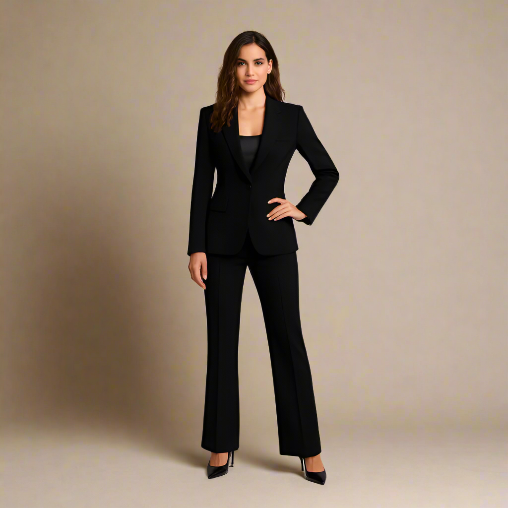 A model wearing a black pant suit with high-waisted trousers and a notched-collar blazer.