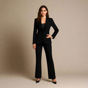 A model wearing a black pant suit with high-waisted trousers and a notched-collar blazer.