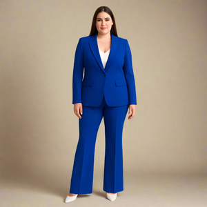 Bright cobalt royal  blue women’s pantsuit with structured blazer and flared trousers, tailored for a bold professional look.
