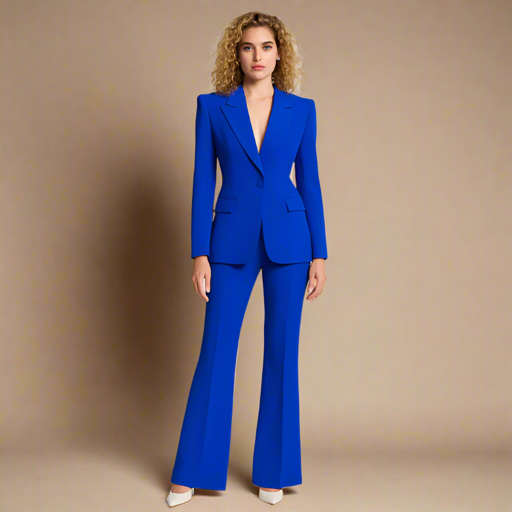 Bright cobalt royal blue women’s pantsuit with structured blazer and flared trousers, tailored for a bold professional look.
