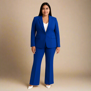 Bright cobalt royal  blue women’s pantsuit with structured blazer and flared trousers, tailored for a bold professional look.