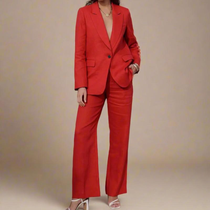 100% linen pant suit set available in red, soft pink, and taupe beige. Straight cut comfortable for all-day wear