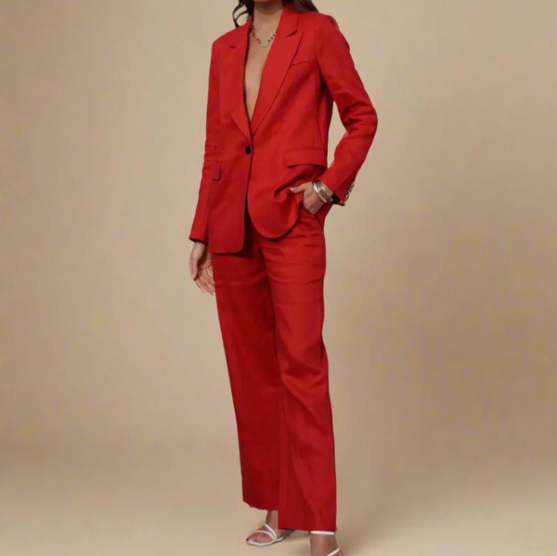 100% linen pant suit set available in red, soft pink, and taupe beige. Straight cut comfortable for all-day wear