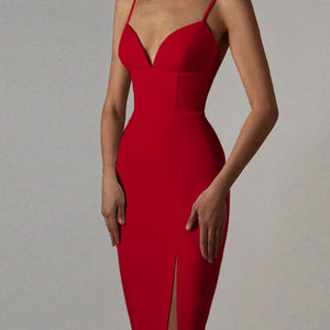 Sexy elegant cocktail dress for any special occasion or wedding guest event. Elegant fitted bandage material silhouette, plunging v-neck, and thigh high slit. Available in purple, red, pink-red, black and white