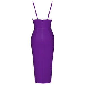 Sexy elegant cocktail dress for any special occasion or wedding guest event. Elegant fitted bandage material silhouette, plunging v-neck, and thigh high slit. Available in purple, red, pink-red, black and white