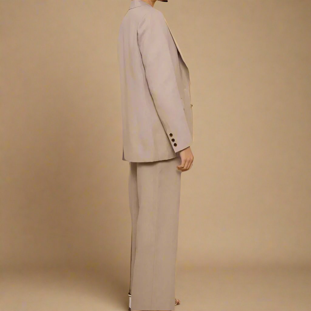 100% linen pant suit set available in red, soft pink, and taupe beige. Straight cut comfortable for all-day wear