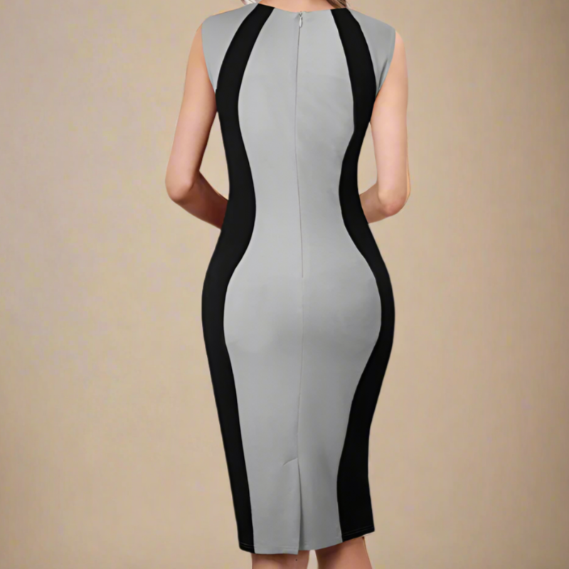 Gray sleeveless sheath dress with black contour side panels and neckline detail, tailored silhouette for office or evening wear.