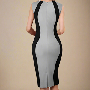 Gray sleeveless sheath dress with black contour side panels and neckline detail, tailored silhouette for office or evening wear.