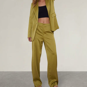 Relaxed fit wide-leg oversized satin luxury pant suit in olive green