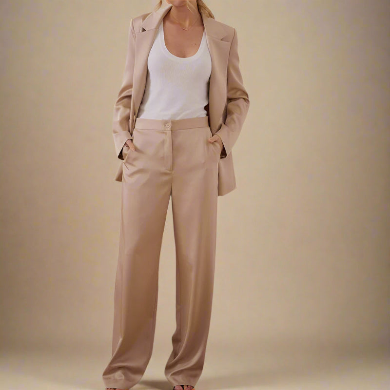 Relaxed fit wide-leg oversized satin luxury pant suit in beige