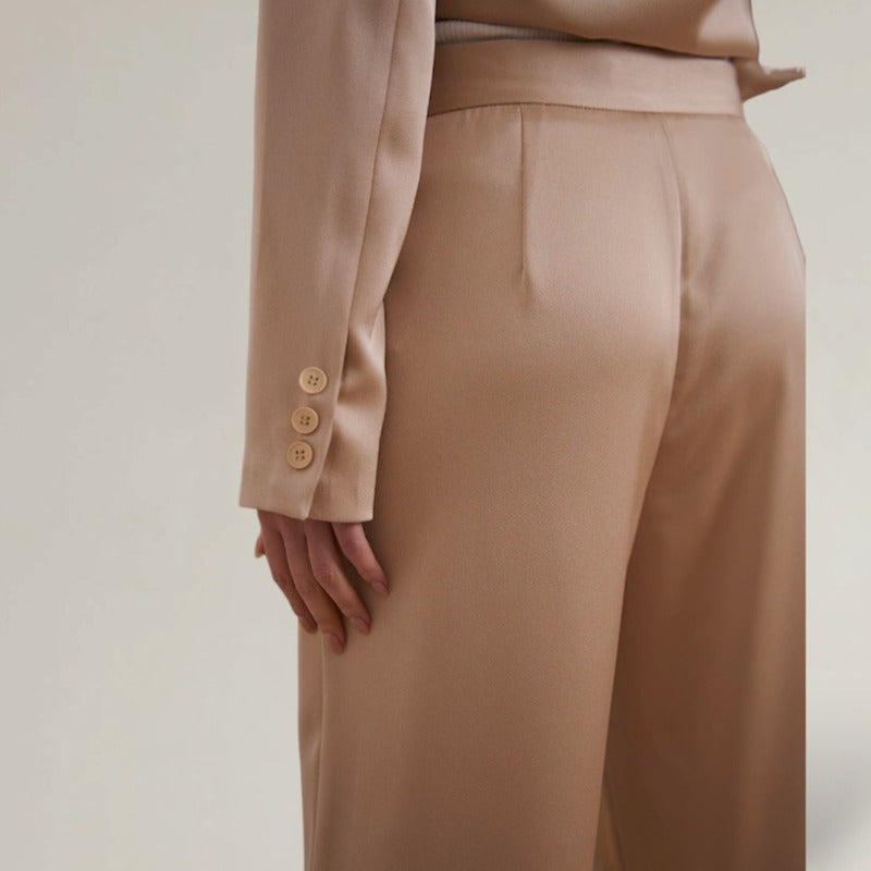 Relaxed fit wide-leg oversized satin luxury pant suit in beige