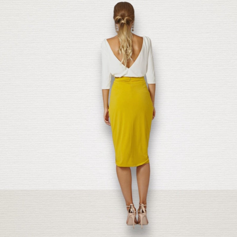 Asymmetrical draped pencil skirt in seafoam aqua blue, mustard yellow and navy. Perfect for a business casual office professional outfit, or a elegant evening outfit.