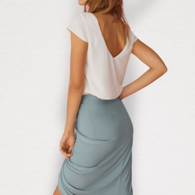 Asymmetrical draped pencil skirt in seafoam aqua blue, mustard yellow and navy. Perfect for a business casual office professional outfit, or a elegant evening outfit.