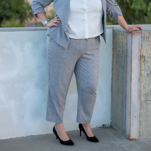 Taupe Plaid Plus Size Pant Suit for curvy women. Professional and stylish high quality business-wear for the office.