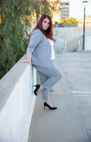 Taupe Plaid Plus Size Pant Suit for curvy women. Professional and stylish high quality business-wear for the office.