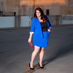 Curvy Business Fashion. Plus Size Skort Suit Set in Cobalt Royal Blue and Black with print blazer lining detail. for the office or business casual events.