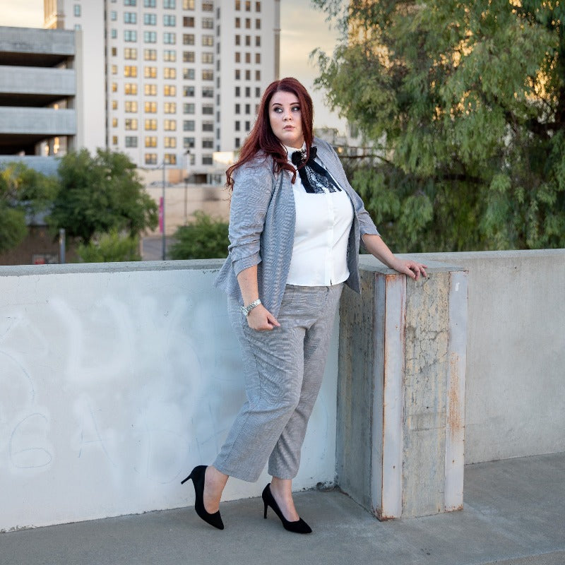 Taupe Plaid Plus Size Pant Suit for curvy women. Professional and stylish high quality business-wear for the office.