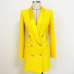 blazer dress that can be worn as a long coat or mini blazer dress. Style for the office, dinner or a night out. Padded shoulders, double-breasted with slit pockets and gold button details. Available 