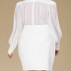 Elegant curvy fashion with chiffon bodice and pencil skirt bottom. 